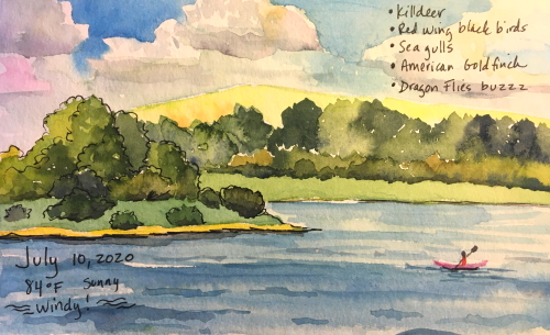 watercolor of the lake on a windy summer day